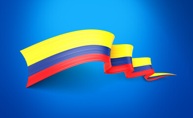 3d Flag Of Colombia 3d Shiny Waving Colombia Ribbon Flag On Blue Background 3d Illustration