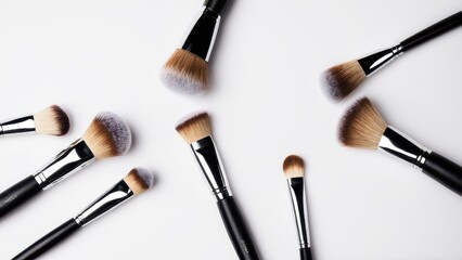 Makeup brushes with powder on the bristles. Set of professional makeup brushes with black handles and soft bristles, displayed against a white background, ideal for beauty routines.