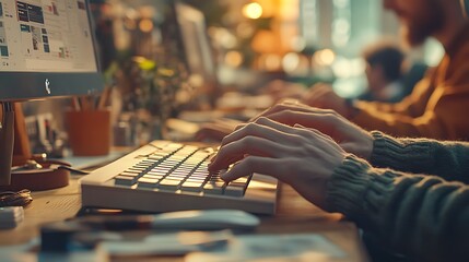 A photograph of multiple hands of different ethnicities typing on a single shared office keyboard, natural light from a nearby window, blurred background with office elements and desks,