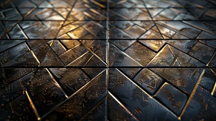 Abstract Geometric Pattern of Triangular Tiles in Metallic Gold and Black