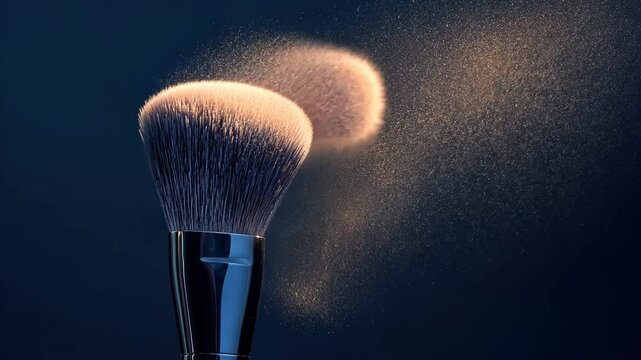 A makeup brush disperses powder, creating a cloud of light, against a dark blue background