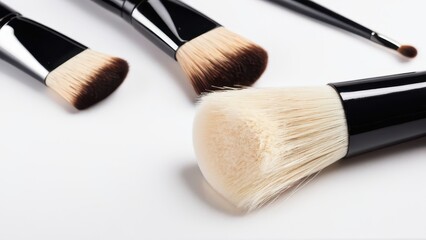 Fototapeta premium Makeup brushes with powder on the bristles. Set of professional makeup brushes with black handles and soft bristles, displayed against a white background, ideal for beauty routines.