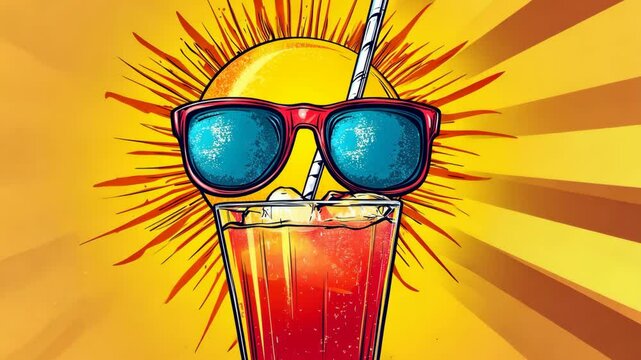 The sun is wearing sunglasses and enjoying a refreshing drink on a hot summer day