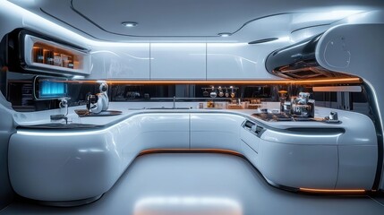 Fototapeta premium Futuristic kitchen, with glowing appliances and robotic chefs