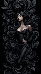 A woman with long black hair is standing in a black dress. The woman is wearing a black glove. The image has a dark and mysterious mood