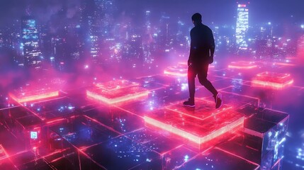 Futuristic parkour competition, with glowing platforms and virtual obstacles