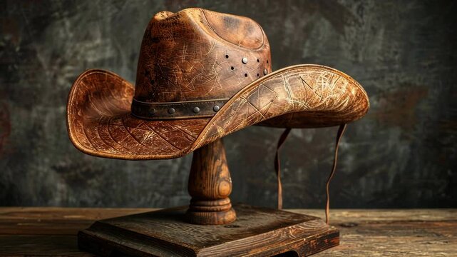 A brown leather cowboy hat with a wide brim rests on a wooden stand