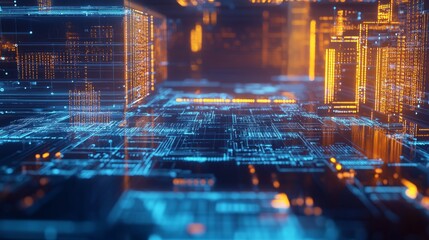 Obraz premium Futuristic Urban Landscape with Interconnected Buildings and Data Flows - 3D Digital Rendering