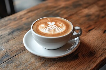 Fototapeta premium A cup of cappuccino with latte art on a wooden table.