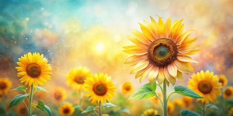 Fototapeta premium Capture the essence of warmth with this enchanting watercolor sunflower background, ideal for invitations. Delicate art and vibrant hues make every occasion feel special.