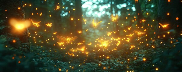 Naklejka premium Glowing AI-generated insects, flying through a digital forest