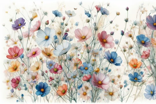  Vertr&auml;umte Blumenwiese mit zarten rosa, blauen und wei&szlig;en Bl&uuml;ten in weichen Pastellfarben. Die florale Szene wirkt beruhigend und leicht, ideal f&uuml;r Fr&uuml;hlings- oder Sommermotive. Generative KI
