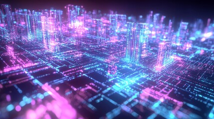 Fototapeta premium Futuristic Cityscape at Dusk with Glowing Data Streams - 3D Rendering of Abstract Urban Skyline Illuminated with Colorful Lights, Hyper-Detailed Visualization