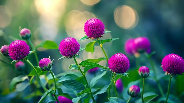Pink globe amaranth flowers bloom in a lush garden on a sunny day