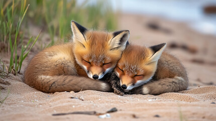 Fototapeta premium Wild Baby Red Foxes Cuddling: Wild baby red foxes cuddling on the beach in Nova Scotia, Canada, from June 2020.