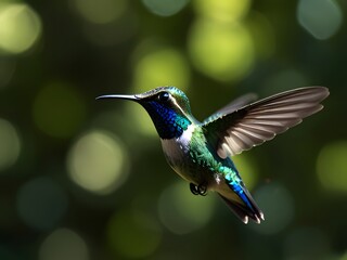 Obraz premium A hummingbird is flying over some flowers and the bird is flying away