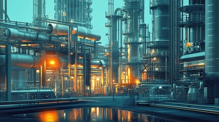 Fototapeta premium Industrial Complex with Illuminated Towers and Pipes