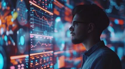 Entrepreneur analyzing financial report on digital dashboard, focusing on fintech insights and revenue performance for company growth and audit