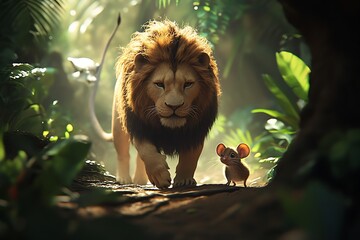 lion and mouse in forest