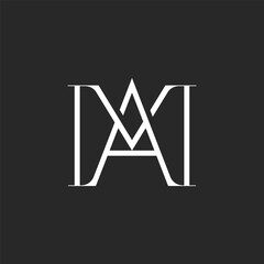 Refined dual-letter MA or AM monogram logo in minimal black and white style, roman serif font two letters M and A for a classic emblem for luxury branding, creative design projects, visual identities.
