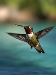 Fototapeta premium A hummingbird is flying over some flowers and the bird is flying away