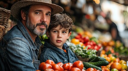 A man and a boy surrounded by fresh produce at a market, enjoying their time together.