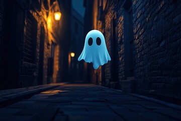 Cute ghost in a dark alley with warm street lamps