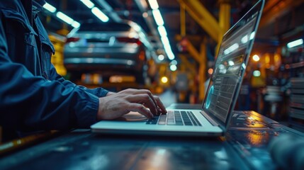 Mechanic typing on laptop in bustling auto repair shop with car on lift. Automotive technology and modern repair services.