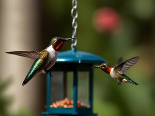 A hummingbird is flying over some flowers and the bird is flying away