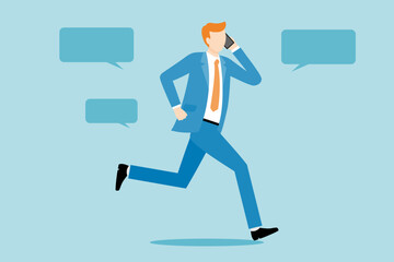 走りながらスマートフォンで通話するスーツ姿の男性のフラットなベクターイラスト画像
