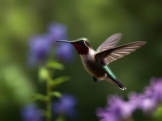 Fototapeta premium A hummingbird is flying over some flowers and the bird is flying away