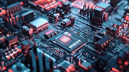 Obraz premium Close-up of a Circuit Board with Glowing Red Components