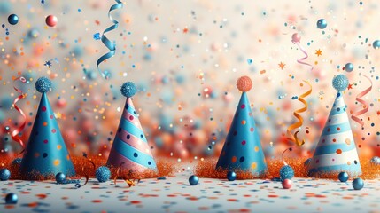 Obraz premium Colorful party hats on festive confetti-covered surface with streamers in the air. perfect for celebrating joyful occasions, parties, and festive events.