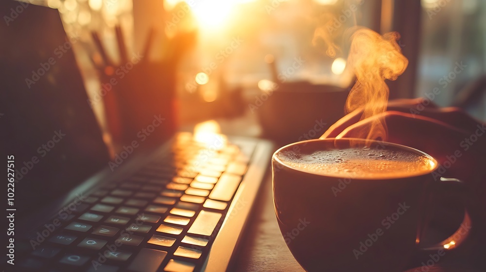 Poster Close-up of hands typing on a modern keyboard, a cup of coffee with steam rising beside it, soft natural light from a nearby window, background blurred with home office decor,