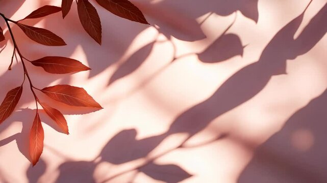 Red leaves cast long shadows on a pale pink surface