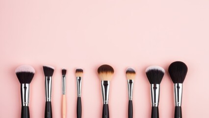 Makeup brushes with powder on the bristles. Set of pink makeup brushes with soft bristles arranged in a line on a pastel pink background, perfect for blending and applying cosmetics.