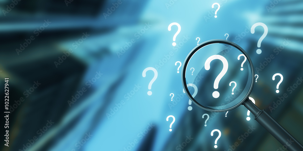 Poster Abstract question marks with magnifier on blurry city background with mock up place. Ask and solution concept. Double exposure.