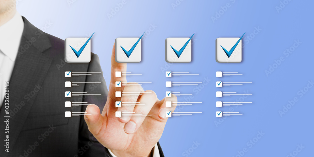 Aufkleber close up of man hand using creative four to do lists with checkmarks on blue background. quality con
