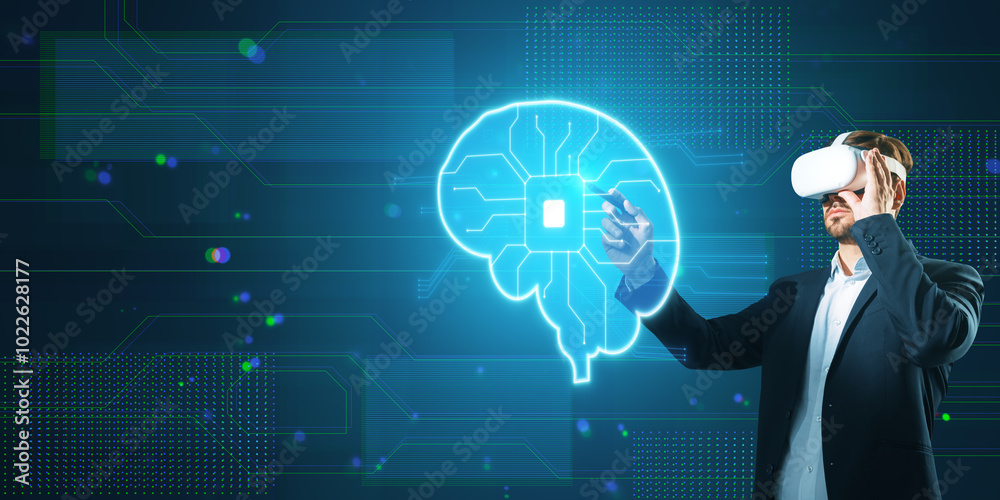 Aufkleber attractive young businessman with vr glasses and glowing blue circuit digital brain hologram on blur