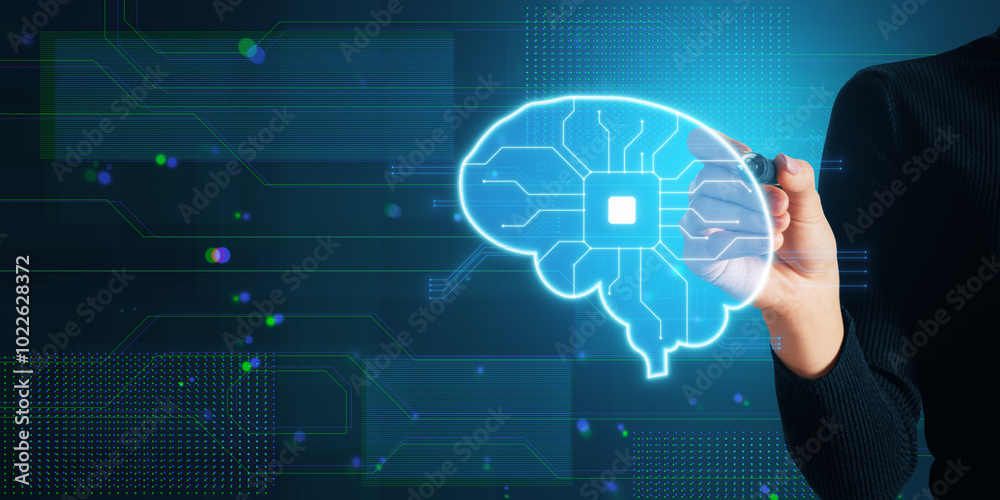 Poster Closeup of female hand using glowing blue circuit digital brain hologram on blurry background with mock up place. Artificial intelligence and innovation concept.