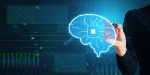 Closeup of female hand using glowing blue circuit digital brain hologram on blurry background with mock up place. Artificial intelligence and innovation concept.