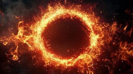 Fototapeta premium A fiery ring of flames against a dark background, with sparks and smoke, creating a dramatic and intense visual.