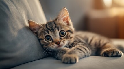 A cute tabby kitten with big, round eyes lies on a gray couch, looking up at the camera.