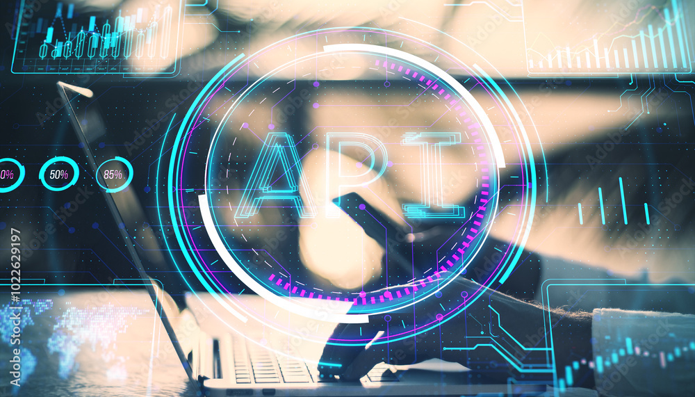 Poster Close up of hands using laptop and cellphone with creative API hologram on blurry outdoor backdrop. Application Programming Interface concept. Icons representing API, security. Double exposure.