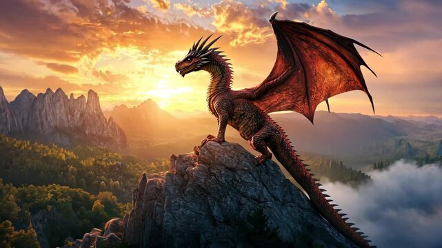 A red dragon perches atop a rocky mountain, gazing out over a sprawling landscape during a vibrant sunset