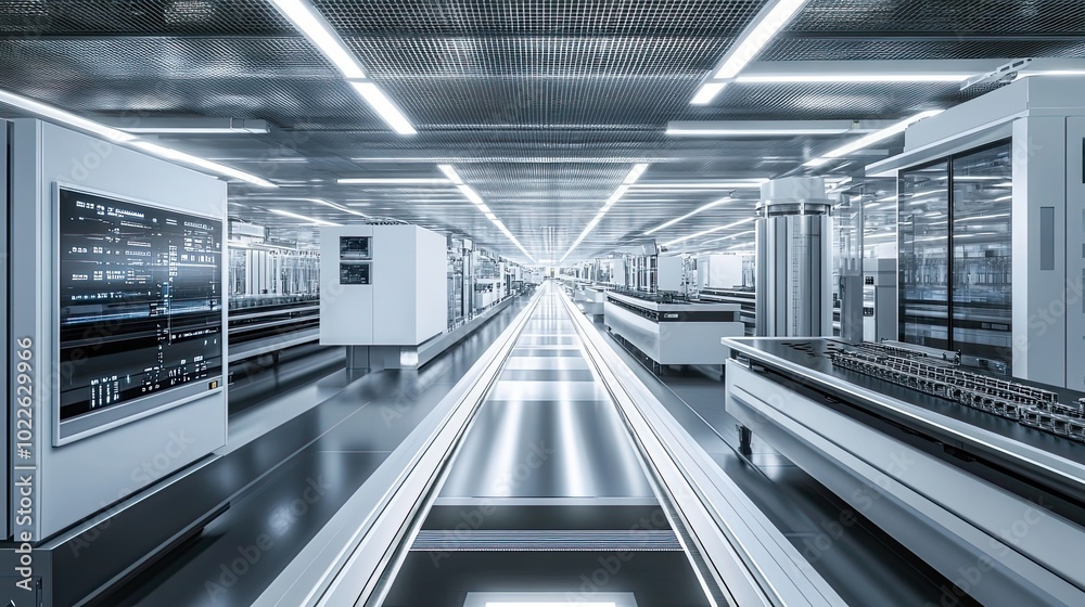 Poster interior view of a futuristic factory with automated production lines and control panels