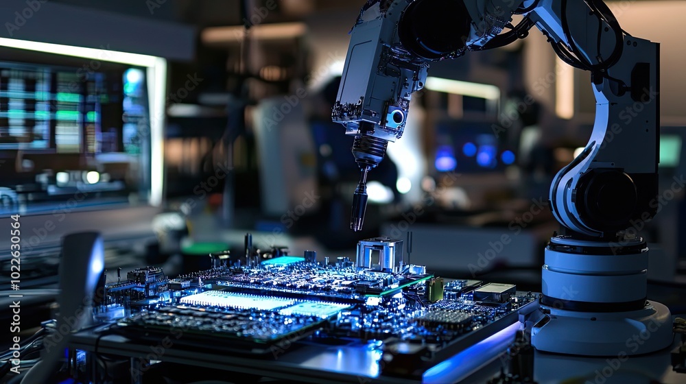Poster robotic arm assembling a circuit board in a factory setting