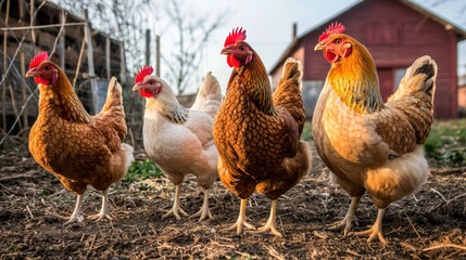 Fototapeta premium Vibrant Farm Chickens: Sunlit Barnyard Scene