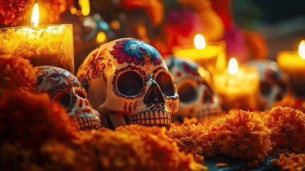Colorful decorative skulls adorned with flowers and candles, representing a vibrant celebration of life and remembrance.