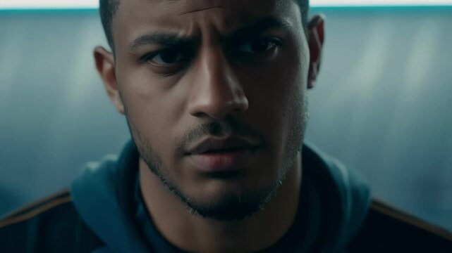 Determined athlete mentally prepares for competition, radiating strength and ambition. Close up portrait of a confident african american man against a dark blue background